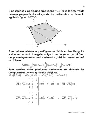 36 
 
PABLO GARCÍA Y COLOMÉ
El pentágono está alojado en el plano 3y  . Si se le observa de
manera perpendicular al eje de las ordenadas, se tiene la
siguiente figura ABCDE .
Para calcular el área, el pentágono se divide en tres triángulos y
el área de cada triángulo es igual, como ya se vio, al área del
paralelogramo del cual son la mitad, dividida entre dos. Así, se
obtiene:
1 1 1
Área
2 2 2
AB AC AC AD AD AE     
Para resolver estos productos vectoriales se obtienen las
componentes de los segmentos dirigidos.
       2, 0, 4 ; 5, 0, 3 ; 7, 0, 1 ; 4, 0,1AB AC AD AE      
2 0 4 0 14 0 14
5 0 3
i j k
AB AC i j k AB AC
  
  
        

5 0 3 0 16 0 16
7 0 1
i j k
AC AD i j k AC AD
  
  
        

 
 
 
 
 
 
 
 