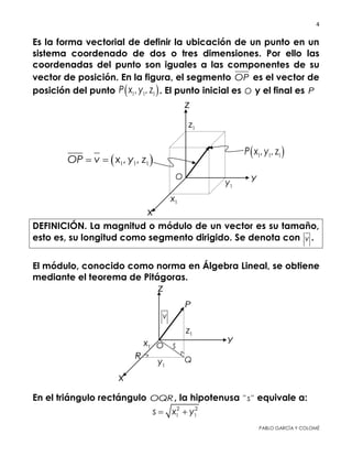 4 
 
PABLO GARCÍA Y COLOMÉ
coordenadas del punto son iguales a las componentes de su
vector de posición. En la figura, el segmento OP es el vector de
posición del punto  1 1 1, ,P x y z . El punto inicial es O y el final es P
DEFINICIÓN. La magnitud o módulo de un vector es su tamaño,
esto es, su longitud como segmento dirigido. Se denota con v .
El módulo, conocido como norma en Álgebra Lineal, se obtiene
mediante el teorema de Pitágoras.
En el triángulo rectángulo O Q R , la hipotenusa " "s equivale a:
2 2
1 1s x y 
 
 
 
 
 
 
 
 
 
 
 
 
 
 
 
 
 
 
 
 