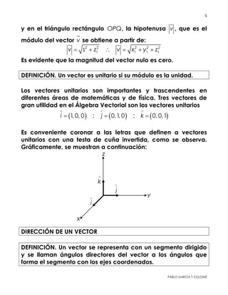 5 
 
PABLO GARCÍA Y COLOMÉ
y en el triángulo rectángulo OPQ, la hipotenusa v , que es el
módulo del vector v se obtiene a partir de:
2 2 2 2 2
1 1 1 1v s z v x y z     
Es evidente que la magnitud del vector nulo es cero.
DEFINICIÓN. Un vector es unitario si su módulo es la unidad.
Los vectores unitarios son importantes y trascendentes en
diferentes áreas de matemáticas y de física. Tres vectores de
gran utilidad en el Álgebra Vectorial son los vectores unitarios
     1, 0, 0 ; 0,1, 0 ; 0, 0,1i j k
  
  
Es conveniente coronar a las letras que definen a vectores
unitarios con una testa de cuña invertida, como se observa.
Gráficamente, se muestran a continuación:
DIRECCIÓN DE UN VECTOR
DEFINICIÓN. Un vector se representa con un segmento dirigido y
se llaman ángulos directores del vector a los ángulos que forma
el segmento con los ejes coordenados.
 
 
 
 
 
 