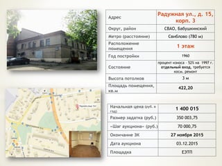 Начальная цена (руб. в
год)
1 400 015
Размер задатка (руб.) 350 003,75
«Шаг аукциона» (руб.) 70 000,75
Окончание ЗК 27 ноября 2015
Дата аукциона 03.12.2015
Площадка ЕЭТП
Адрес
Радужная ул., д. 15,
корп. 3
Округ, район СВАО, Бабушкинский
Метро (расстояние) Свиблово (780 м)
Расположение
помещения 1 этаж
Год постройки 1960
Состояние
процент износа – 52% на 1997 г.
отдельный вход, требуется
косм. ремонт
Высота потолков 3 м
Площадь помещения,
кв.м
422,20
 