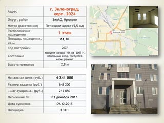 Начальная цена (руб.) 4 241 000
Размер задатка (руб.) 848 200
«Шаг аукциона» (руб.) 212 050
Окончание ЗК 02 декабря 2015
Дата аукциона 09.12.2015
Площадка ЕЭТП
Адрес
г. Зеленоград,
корп. 2024
Округ, район ЗелАО, Крюково
Метро (расстояние) Пятницкое шоссе (5,5 км)
Расположение
помещения 1 этаж
Площадь помещения,
кв.м
61,30
Год постройки 2007
Состояние
процент износа – 0% на 2007 г.
отдельный вход, требуется
косм. ремонт
Высота потолков 2,8 м
 