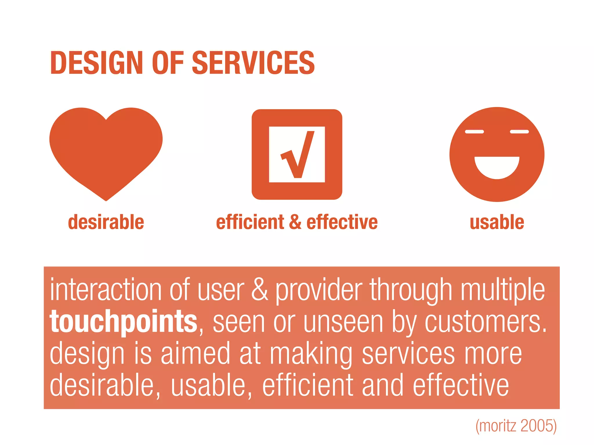 interaction of user & provider through multiple
touchpoints, seen or unseen by customers.
design is aimed at making services more
desirable, usable, efficient and effective
(moritz 2005)
DESIGN OF SERVICES
desirable usableefficient & effective
 
