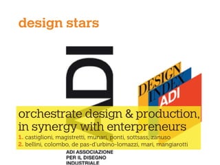 design stars
orchestrate design & production,
in synergy with enterpreneurs
1. castiglioni, magistretti, munari, ponti, sottsass, zanuso
2. bellini, colombo, de pas-d’urbino-lomazzi, mari, mangiarotti
 