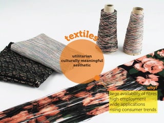 textiles
utilitarian
culturally meaningful
aesthetic
large availability of ﬁbres
high employment
wide applications
rising consumer trends
why?
 