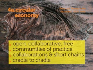 open, collaborative, free
communities of practice
collaborations & short chains
cradle to cradle
Neha Lad, “Beauty in the
discarded”, 2014, India4a.circular
economy
 