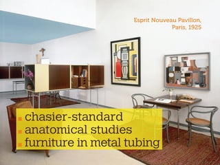 Esprit Nouveau Pavillon,
Paris, 1925
chasier-standard
anatomical studies
furniture in metal tubing
 