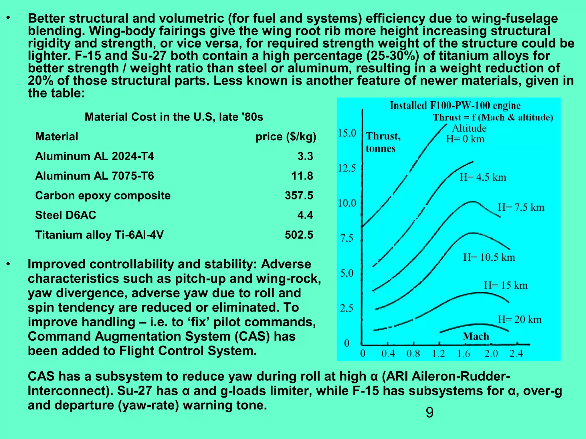 9
• Better structural and volumetric (for fuel and systems) efficiency due to wing-fuselage
blending. Wing-body fairings give the wing root rib more height increasing structural
rigidity and strength, or vice versa, for required strength weight of the structure could be
lighter. F-15 and Su-27 both contain a high percentage (25-30%) of titanium alloys for
better strength / weight ratio than steel or aluminum, resulting in a weight reduction of
20% of those structural parts. Less known is another feature of newer materials, given in
the table:
Material Cost in the U.S, late '80s
Material price ($/kg)
Aluminum AL 2024-T4 3.3
Aluminum AL 7075-T6 11.8
Carbon epoxy composite 357.5
Steel D6AC 4.4
Titanium alloy Ti-6Al-4V 502.5
• Improved controllability and stability: Adverse
characteristics such as pitch-up and wing-rock,
yaw divergence, adverse yaw due to roll and
spin tendency are reduced or eliminated. To
improve handling – i.e. to ‘fix’ pilot commands,
Command Augmentation System (CAS) has
been added to Flight Control System.
CAS has a subsystem to reduce yaw during roll at high α (ARI Aileron-Rudder-
Interconnect). Su-27 has α and g-loads limiter, while F-15 has subsystems for α, over-g
and departure (yaw-rate) warning tone.
 