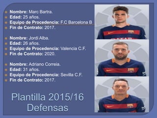  Nombre: Marc Bartra.
 Edad: 25 años.
 Equipo de Procedencia: F.C Barcelona B
 Fin de Contrato: 2017.
 Nombre: Jordi Alba.
 Edad: 26 años.
 Equipo de Procedencia: Valencia C.F.
 Fin de Contrato: 2020.
 Nombre: Adriano Correia.
 Edad: 31 años.
 Equipo de Procedencia: Sevilla C.F.
 Fin de Contrato: 2017.
 