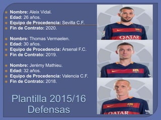  Nombre: Aleix Vidal.
 Edad: 26 años.
 Equipo de Procedencia: Sevilla C.F.
 Fin de Contrato: 2020.
 Nombre: Thomas Vermaelen.
 Edad: 30 años.
 Equipo de Procedencia: Arsenal F.C.
 Fin de Contrato: 2019.
 Nombre: Jerémy Mathieu.
 Edad: 32 años.
 Equipo de Procedencia: Valencia C.F.
 Fin de Contrato: 2018.
 