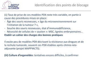 Identification des points de blocage
(ii) Taux de prise de ces modèles PDX reste très variable, en partie à
cause des procédures mises en place:
- Âge des souris receveuses, « âge du microenvironnement sur
l’initiation de la tumeur ? »,
- Souche des souris receveuses, état d’immunodéficience,
- Nécessité de cellules de « soutien »: MSC, lignées embryonnaires…
Etablir un cahier des charges des bonnes pratiques
Il exsite peu de modèles PDX décrivant la résistance aux drogues et de
la rechute tumorale, souvent ces PDX établies après chimio néo-
adjuvante (projet MAPPYACTS).
(iii) Culture d’organoïdes: tentatives encore difficiles, à confirmer
 
