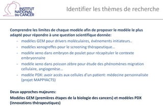 Identifier les thèmes de recherche
Comprendre les limites de chaque modèle afin de proposer le modèle le plus
adapté pour répondre à une question scientifique donnée:
- modèles GEM pour drivers moléculaires, événements initiateurs..
- modèles xenogreffes pour le screening thérapeutique…
- modèle xeno dans embryon de poulet pour récapituler le contexte
embryonnaire
- modèle xeno dans poisson zèbre pour étude des phénomènes migration
cellulaire, angiogenèse…
- modèle PDX: avoir accès aux cellules d’un patient: médecine personnalisée
(projet MAPPYACTS)
Deux approches majeures:
Modèles GEM (premières étapes de la biologie des cancers) et modèles PDX
(innovations thérapeutiques)
 