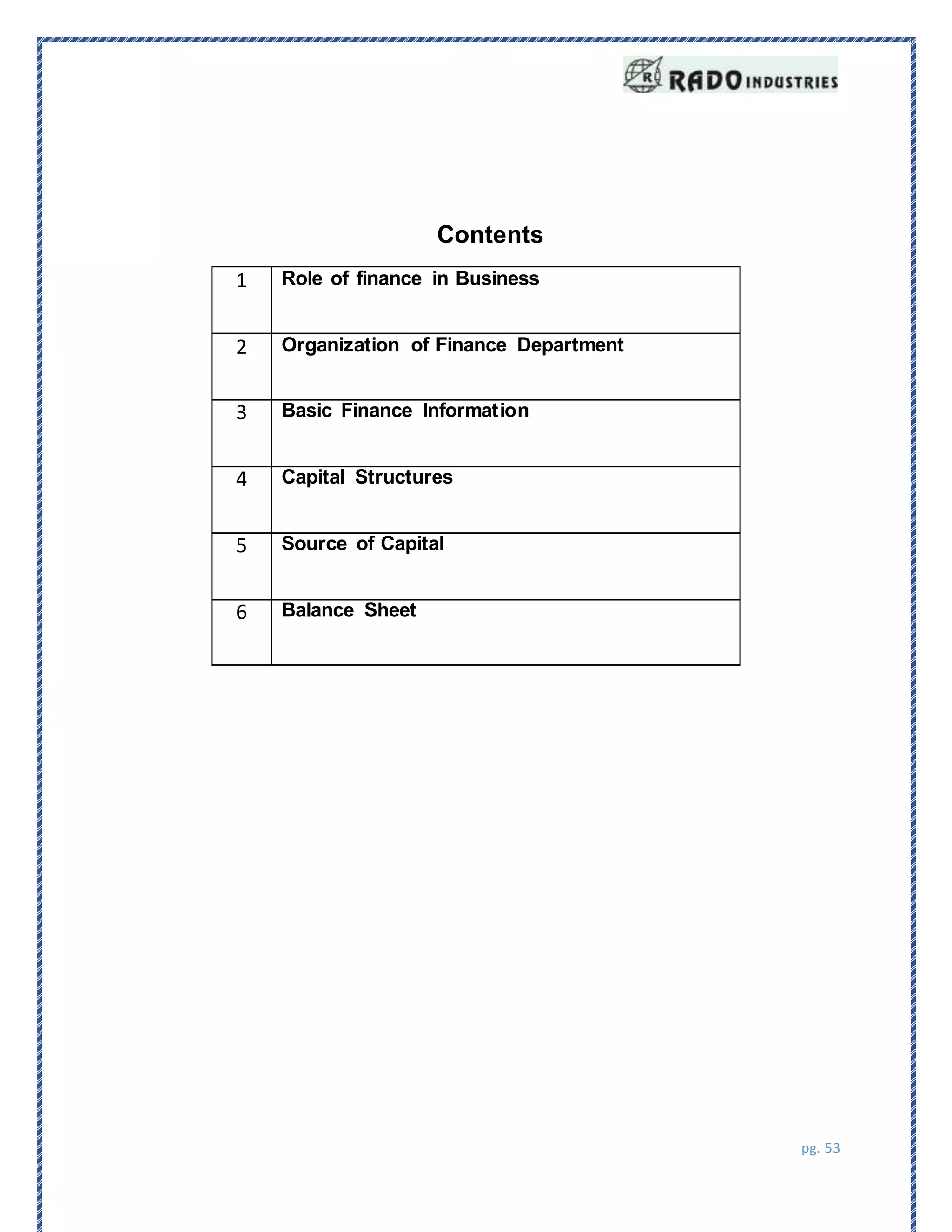 pg. 53
1 Role of finance in Business
2 Organization of Finance Department
3 Basic Finance Information
4 Capital Structures
5 Source of Capital
6 Balance Sheet
Contents
 