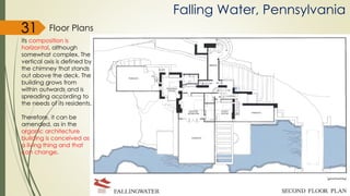 Floor Plans
Falling Water, Pennsylvania
Its composition is
horizontal, although
somewhat complex. The
vertical axis is defined by
the chimney that stands
out above the deck. The
building grows from
within outwards and is
spreading according to
the needs of its residents.
Therefore, it can be
amended, as in the
organic architecture
building is conceived as
a living thing and that
can change.
31
 