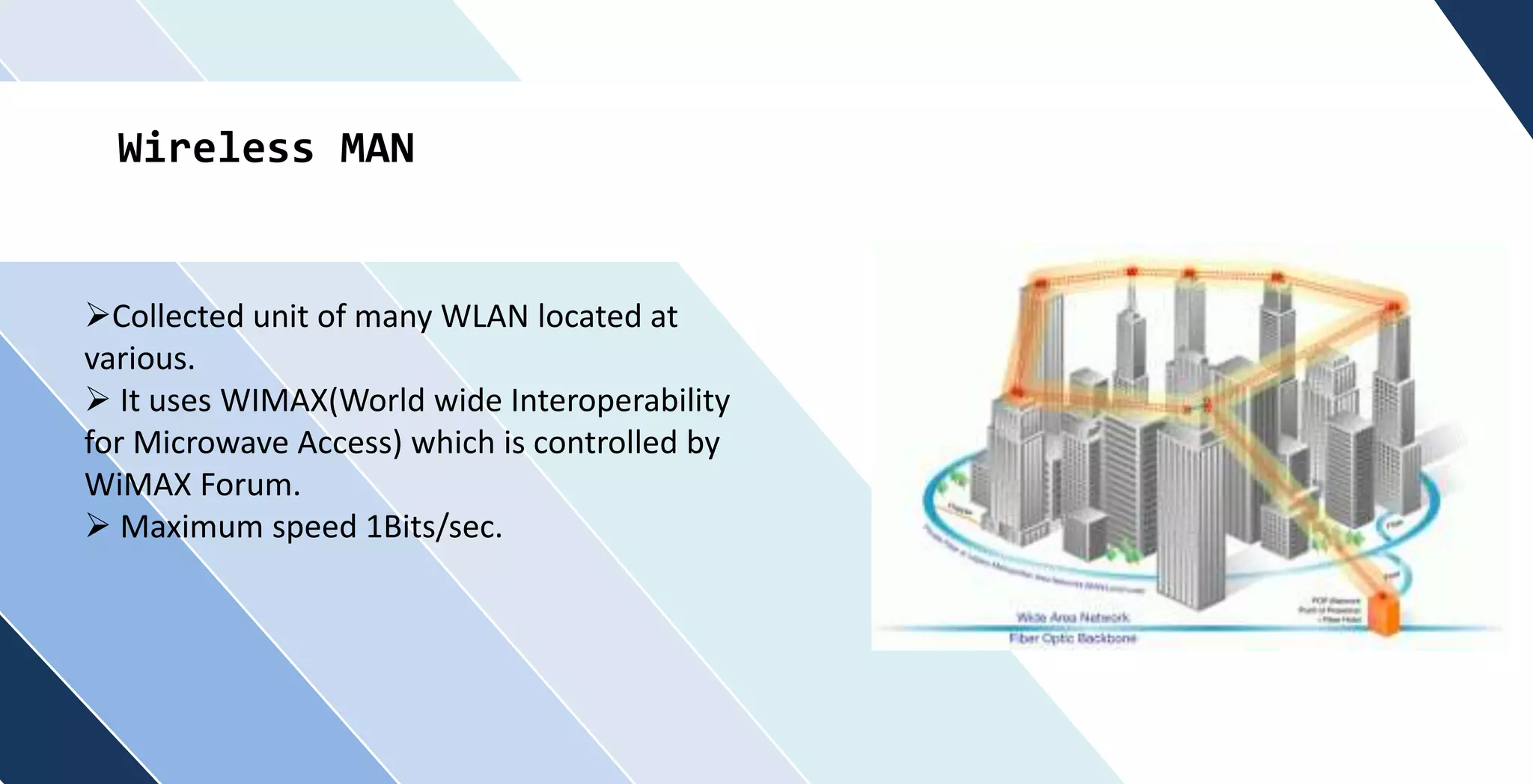 Wireless MAN
Collected unit of many WLAN located at
various.
 It uses WIMAX(World wide Interoperability
for Microwave Access) which is controlled by
WiMAX Forum.
 Maximum speed 1Bits/sec.
 