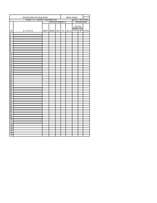 SECRETARIA DE EDUCAÇÃO                   MAPA GERAL
         TURMA: F-2 - ENSINO FUNDAMENTAL              2010.2 - NOTURNO
                                 APROVEITAMENTO          FREQUENCIA

                                                           FALTAS
                                                          SEMESTRE
Nº     ALUNOS             MDS1 MDS2    M.A   P.F.   M.F.A  1º   2º TOTAL
1
2
3
4
5
6
7
8
9
10
11
12
13
14
15
16
17
18
19
20
21
22
23
24
25
26
27
28
29
30
31
32
33
34
35
36
37
38
39
 40
 41
 42
 43
 44
 45
 46
  47
 