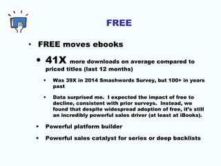 FREE
• FREE moves ebooks
• 41X more downloads on average compared to
priced titles (last 12 months)
• Was 39X in 2014 Smashwords Survey, but 100+ in years
past
• Data surprised me. I expected the impact of free to
decline, consistent with prior surveys. Instead, we
found that despite widespread adoption of free, it’s still
an incredibly powerful sales driver (at least at iBooks).
• Powerful platform builder
• Powerful sales catalyst for series or deep backlists
 