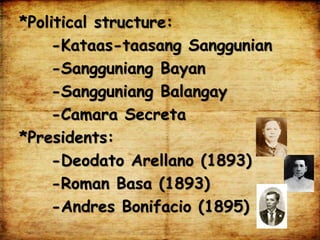*Political structure:
-Kataas-taasang Sanggunian
-Sangguniang Bayan
-Sangguniang Balangay
-Camara Secreta
*Presidents:
-Deodato Arellano (1893)
-Roman Basa (1893)
-Andres Bonifacio (1895)
 