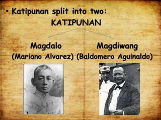 • Katipunan split into two:
KATIPUNAN
Magdalo Magdiwang
(Mariano Alvarez) (Baldomero Aguinaldo)
 