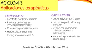 HERPES SIMPLEX
• Encefalitis por Herpes simple
• Profilaxis de herpes en
inmunocomprometidos
• Queratoconjuntivitis herpética
• Herpes zoster oftálmico
• Inicio y recurrencia de HS
VARICELA ZÓSTER
• Sanos mayores de 13 años
• Herpes simple localizado y
el ocular
• >1 año con condiciones
crónicas cutáneas o
pulmonares
• Neumonía por varicela en
adulto sano
Presentación: Comp 200 – 400 mg; Fco. Amp 250 mg
ACICLOVIR
Aplicaciones terapéuticas:
 