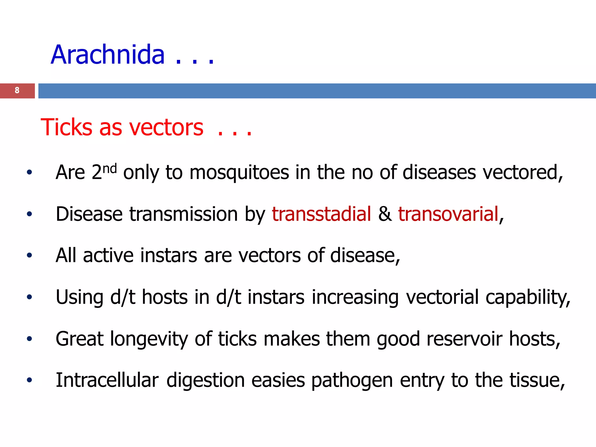 Arachnida . . .
8
• Are 2nd only to mosquitoes in the no of diseases vectored,
• Disease transmission by transstadial & transovarial,
• All active instars are vectors of disease,
• Using d/t hosts in d/t instars increasing vectorial capability,
• Great longevity of ticks makes them good reservoir hosts,
• Intracellular digestion easies pathogen entry to the tissue,
Ticks as vectors . . .
 