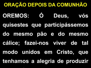 OREMOS: Ó Deus, vós
quisestes que participássemos
do mesmo pão e do mesmo
cálice; fazei-nos viver de tal
modo unidos em Cristo, que
tenhamos a alegria de produzir
ORAÇÃO DEPOIS DA COMUNHÃO
 