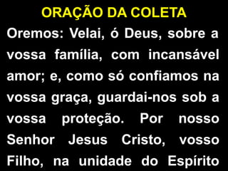 Oremos: Velai, ó Deus, sobre a
vossa família, com incansável
amor; e, como só confiamos na
vossa graça, guardai-nos sob a
vossa proteção. Por nosso
Senhor Jesus Cristo, vosso
Filho, na unidade do Espírito
ORAÇÃO DA COLETA
 