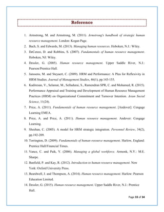 Page 33 of 34
Reference
1. Armstrong, M. and Armstrong, M. (2011). Armstrong's handbook of strategic human
resource management. London: Kogan Page.
2. Bach, S. and Edwards, M. (2013). Managing human resources. Hoboken, N.J.: Wiley.
3. DeCenzo, D. and Robbins, S. (2007). Fundamentals of human resource management.
Hoboken, NJ: Wiley.
4. Dessler, G. (2005). Human resource management. Upper Saddle River, N.J.:
Pearson/Prentice Hall.
5. Janssens, M. and Steyaert, C. (2009). HRM and Performance: A Plea for Reflexivity in
HRM Studies. Journal of Management Studies, 46(1), pp.143-155.
6. Kadiresan, V., Selamat, M., Selladurai, S., Ramendran SPR, C. and Mohamed, R. (2015).
Performance Appraisal and Training and Development of Human Resource Management
Practices (HRM) on Organizational Commitment and Turnover Intention. Asian Social
Science, 11(24).
7. Price, A. (2011). Fundamentals of human resource management. [Andover]: Cengage
Learning EMEA.
8. Price, A. and Price, A. (2011). Human resource management. Andover: Cengage
Learning.
9. Sheehan, C. (2005). A model for HRM strategic integration. Personnel Review, 34(2),
pp.192-209.
10. Torrington, D. (2009). Fundamentals of human resource management. Harlow, England:
Prentice Hall/Financial Times.
11. Vance, C. and Paik, Y. (2006). Managing a global workforce. Armonk, N.Y.: M.E.
Sharpe.
12. Banfield, P. and Kay, R. (2012). Introduction to human resource management. New
York: Oxford University Press.
13. Beardwell, J. and Thompson, A. (2014). Human resource management. Harlow: Pearson
Education Limited.
14. Dessler, G. (2015). Human resource management. Upper Saddle River, N.J.: Prentice
Hall.
 