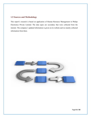 Page 8 of 34
1.5 Sources and Methodology
This report’s research is based on application of Human Resource Management in Philips
Electronics Private Limited. The data types are secondary that were collected from the
internet. The company’s updated information is given on its website and we mainly collected
information from there.
 
