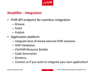 • FHIR API endpoint for seamless integration
– Browse
– Fetch
– Publish
• Application platform
– Integrate best-of-breed external FHIR solutions
– HAPI Validation
– ClinFHIR Resource Builder
– Code Generation
– Etcetera…
– Contact us if you want to integrate your own application!
Monday, August 8, 2016 FHIR® Profiling Using Forge and Simplifier.net14
Simplifier - integration
 
