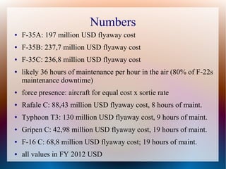 Numbers
●   F-35A: 197 million USD flyaway cost
●   F-35B: 237,7 million USD flyaway cost
●   F-35C: 236,8 million USD flyaway cost
●   likely 36 hours of maintenance per hour in the air (80% of F-22s
    maintenance downtime)
●   force presence: aircraft for equal cost x sortie rate
●   Rafale C: 88,43 million USD flyaway cost, 8 hours of maint.
●   Typhoon T3: 130 million USD flyaway cost, 9 hours of maint.
●   Gripen C: 42,98 million USD flyaway cost, 19 hours of maint.
●   F-16 C: 68,8 million USD flyaway cost; 19 hours of maint.
●   all values in FY 2012 USD
 