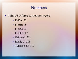 Numbers
●   1 bln USD force sorties per week:
        –   F-35A: 22
        –   F-35B: 18
        –   F-35C: 18
        –   F-16C: 117
        –   Gripen C: 351
        –   Rafale C: 205
        –   Typhoon T3: 117
 