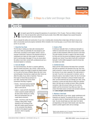 HOMEOWNERS




                                                           5 Steps to a Safer and Stronger Deck


               Decks                                                                    What you need to know to make your deck strong and safe.




                M
                                   ost	experts	agree	that	the	average	life	expectancy	of	a	wood	deck	is	10	to	15	years.	There	are	millions	of	decks	in	
                																			the	U.S.	that	are	beyond	their	useful	life	and	may	be	unsafe.	Since	2003,	deck	collapses	have	caused	thousands	
                																			of	reported	injuries*	and	several	deaths.

                As	you	evaluate	the	safety	and	construction	of	your	new	or	existing	deck,	knowing	these	simple	steps	will	help	to	ensure	your	
                deck	is	structurally	sound	and	properly	maintained.	We’ve	included	a	list	of	warning	signs,	so	you’ll	know	what	to	keep	an	eye	
                out for on your deck.

                1. Check Out Your Deck                                                        3. Create a Path
                The first step in making your deck safe is knowing that it                    A continuous load path, that is. A continuous load path is a
                may not be. Decks are potentially the most dangerous part                     method of construction that uses metal connectors to create
                of the house, according to some experts. Factors, such as                     a series of solid connections within the structure of the deck.
                improper construction, exposure to the elements and lack of                   This path transfers the load or weight of the deck through
                maintenance can make your deck unsafe. It’s important to                      its frame and into the ground and adjacent support structure
                look for warning signs (see page 2). If you are unsure about                  (typically your home). If your deck is built with a continuous
                the safety of your deck, consult with a professional such as a                load path, it will be better equipped to resist the forces that
                structural engineer or contractor.                                            can weaken your deck.

                2. Carry the Weight                                                           4. Combat Corrosion
                For most homeowners, the deck is a popular gathering                          Decks and the metal hardware that keeps them connected
                place for friends and family. Like a house, a deck must be                    and	safe	are	exposed	to	the	elements	every	day.	Over	time,	
                designed to support the weight of people and objects placed                   metal connectors, screws and nails can corrode and weaken
                on it as well as the forces of Mother Nature like wind, snow                  the structure of your deck, especially if the right product is
                and earthquakes. Knowing how weight and other forces can                      not	used.	If	you	live	in	an	area	prone	to	moisture,	such	as	
                affect the safety of your deck is important. There are                        along the coast or near bodies of water, the risk of corrosion
                three types of forces that put pressure on                                    is much higher. Chemicals in pressure-treated woods and
                your deck, causing strain to the critical                                     other	corrosive	elements	also	can	damage	your	deck.	Using	
                connections that keep it together:                                            connectors, screws and nails that are made from stainless
                •	Gravity	–	downward	pressure	typically	                                      steel is the best way to combat corrosion. When choosing
                                                                              GRAVITY
                  caused from people standing on the                                          connectors,	take	into	account	where	you	live	and	how	
                  deck or snow and ice.                                                       weather	and	the	environment	may	affect	your	deck.	For	
                                                                                              critical information about corrosion and connector selection,
                •	Lateral	–	a	back	and	forth	(horizontal)
                                                                                              visit	www.strongtie.com/corrosioninfo.
                  motion caused by people walking on
                  the deck and/or leaning on a railing.                                       5. Maintain a Safe Deck
                                                                          LATERAL
                  Wind and earthquakes also can                                               Just like other parts of your home, regular maintenance and
                  create	lateral	movement.	                                                   inspection are required. To prolong the life of your deck,
                •	Uplift	–	wind	flows	under	the	deck	                                         you need to check for things like loose boards or protruding
                  creating a lifting effect. People                                           nails. You also should keep your deck clean from debris
                  standing	on	the	overhang	of	the	                                            and depending on the type of deck boards used, keep them
                  deck also creates upward pressure                                           sealed to protect against water and sun damage.
                  on the connection that attaches
                                                                               UPLIFT
                  the deck to the adjacent support
                  structure, which is typically                                               *Based on data collected by the U.S. Consumer Product Safety Commission’s
                  your home.                                                                   National Electronic Injury Surveillance System.



©2009	SIMPSON	STRONG-TIE	COMPANY	INC.		F-5STEPDECK09-R	10/09		exp.	1/12                                                    800-999-5099 | www.strongtie.com
 