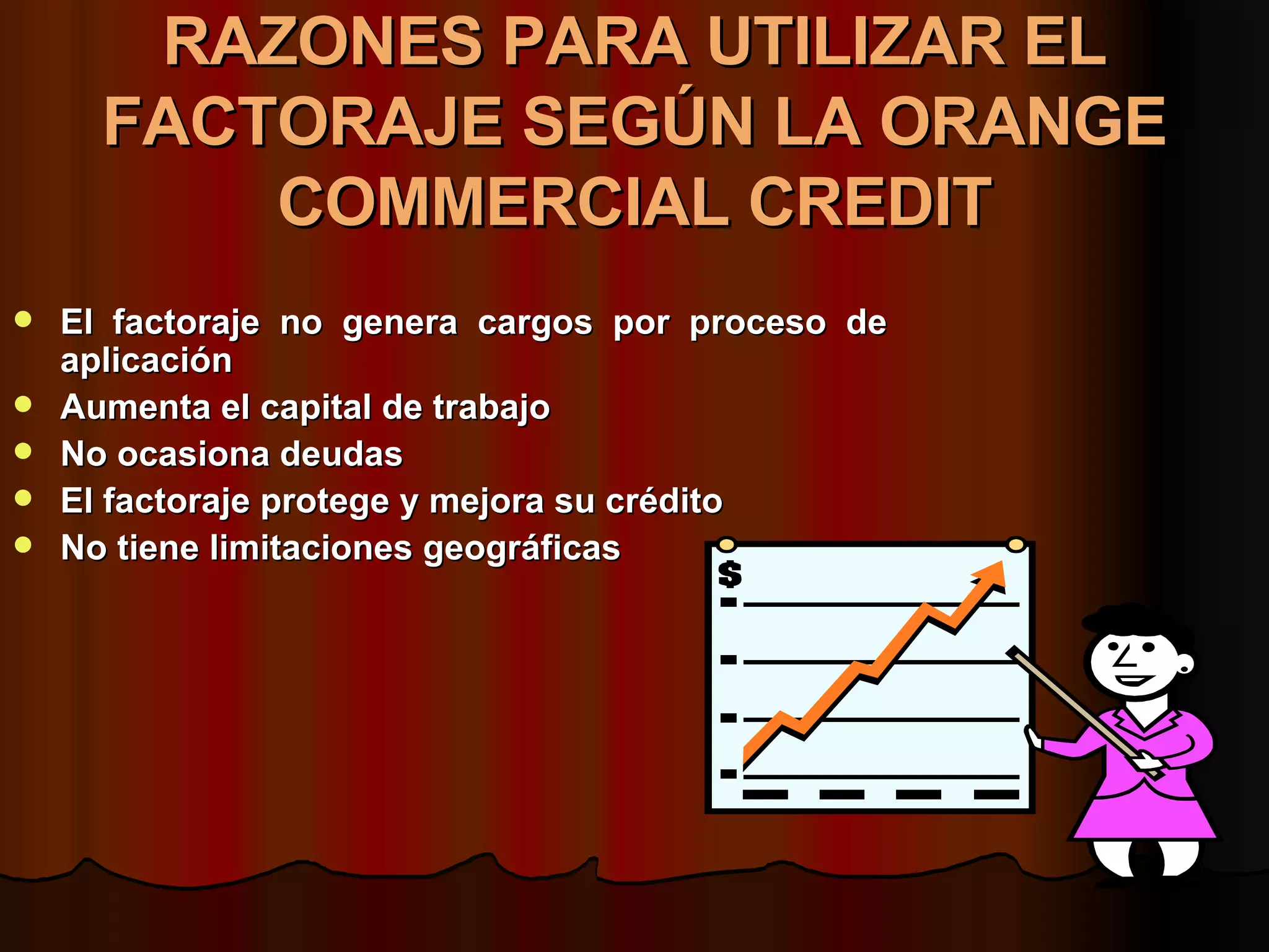 RAZONES PARA UTILIZAR EL FACTORAJE SEGÚN LA ORANGE COMMERCIAL CREDIT El factoraje no genera cargos por proceso de aplicación Aumenta el capital de trabajo No ocasiona deudas El factoraje protege y mejora su crédito   No tiene limitaciones geográficas 