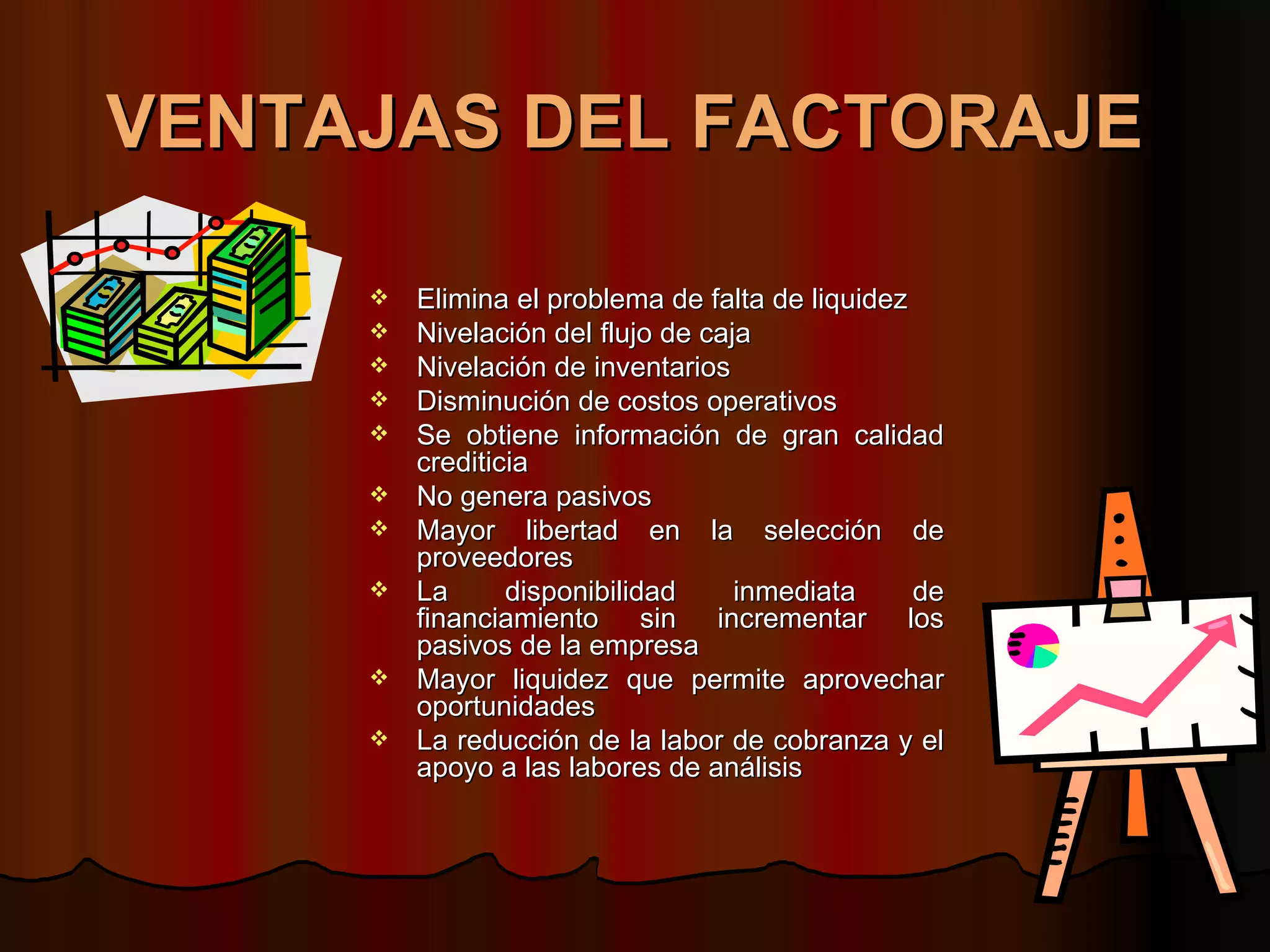 VENTAJAS DEL FACTORAJE   Elimina el problema de falta de liquidez  Nivelación del flujo de caja  Nivelación de inventarios  Disminución de costos operativos  Se obtiene información de gran calidad crediticia  No genera pasivos Mayor libertad en la selección de proveedores  La disponibilidad inmediata de financiamiento sin incrementar los pasivos de la empresa  Mayor liquidez que permite aprovechar oportunidades  La reducción de la labor de cobranza y el apoyo a las labores de análisis  