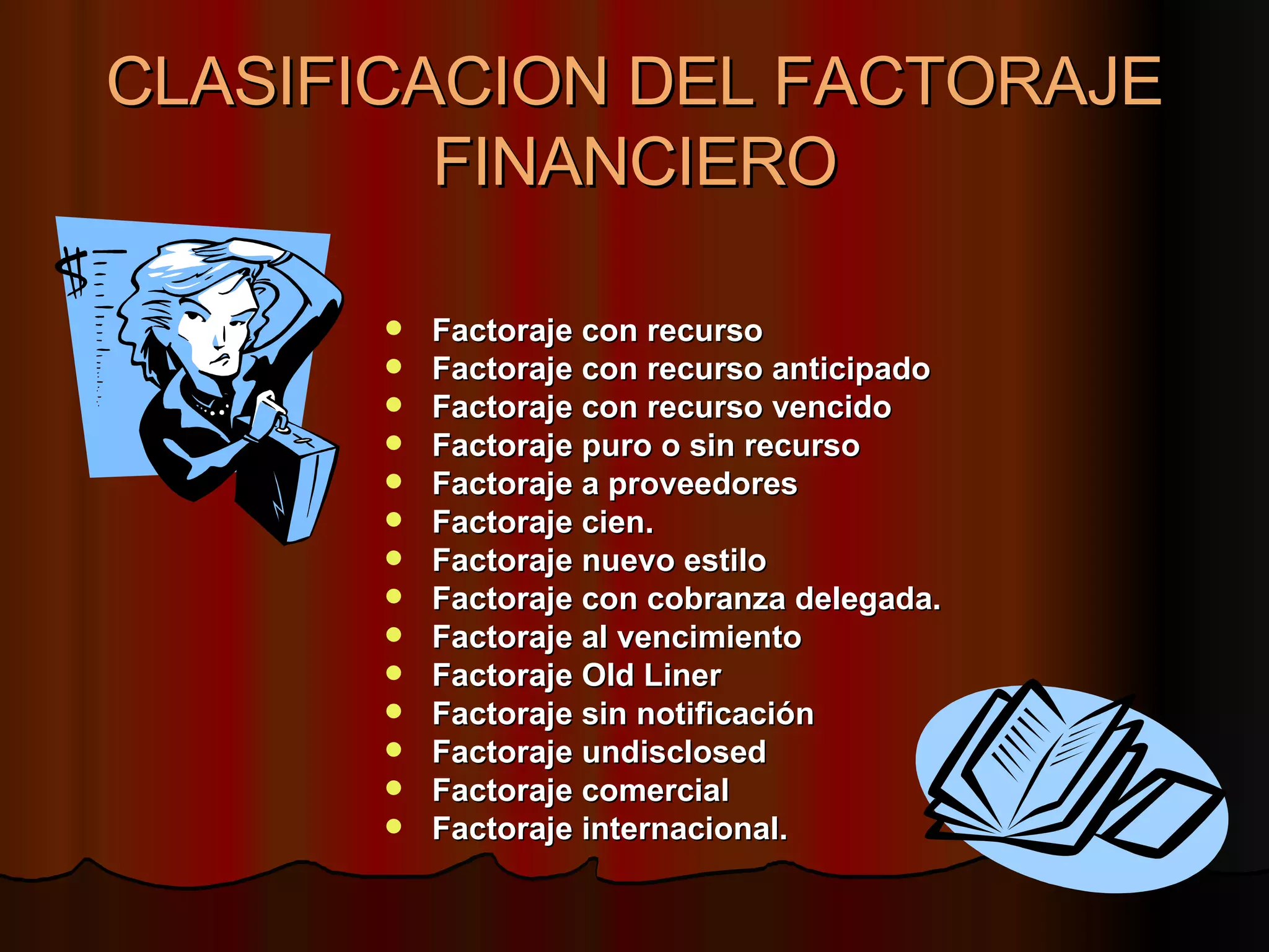 CLASIFICACION DEL FACTORAJE FINANCIERO Factoraje con recurso Factoraje con recurso anticipado   Factoraje con recurso vencido   Factoraje puro o sin recurso   Factoraje a proveedores   Factoraje cien.   Factoraje nuevo estilo   Factoraje con cobranza delegada.   Factoraje al vencimiento   Factoraje Old Liner   Factoraje sin notificación   Factoraje undisclosed   Factoraje comercial   Factoraje internacional.  