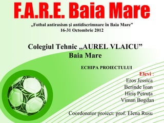 F.A.R.E. Baia Mare
              „Fotbal antirasism şi antidiscrimnare în Baia Mare”
                             16-31 Octombrie 2012
         Colegiul Tehnic ,,AUREL VLAICU”
       HIPA
                     Baia Mare
  EC              I
      CTULUt:
PROIE ator proiec
     n                   Eros Jessica – responsabilă cu coordonarea şi
 Coordo a Rusu şi
          en
  prof. El                          implementarea proiectului în şcoală
      elevii :             Berinde Ioan – responsabil cu organizarea
                         competiţiei de fotbal şi alegerea grupului ţintă
                      Hiriş Petruţa – responsabilă cu monitorizarea şi
                                                    evaluarea proiectului
                      Viman Bogdan – responsabil cu promovarea şi
                                                  diseminarea proiectului
                               Satmari Ramona - voluntar
 