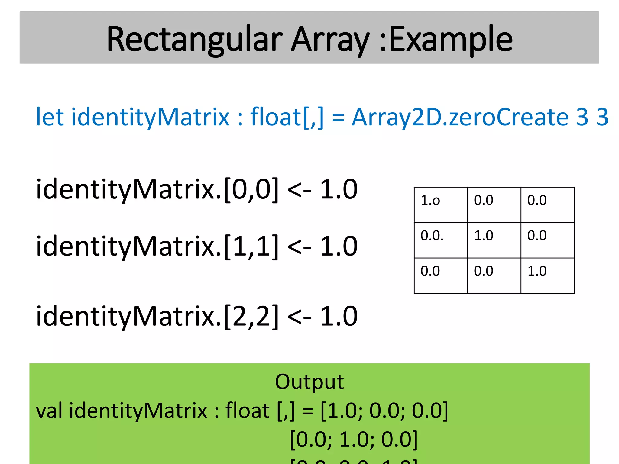 Rectangular Array :Example
let identityMatrix : float[,] = Array2D.zeroCreate 3 3
identityMatrix.[0,0] <- 1.0
identityMatrix.[1,1] <- 1.0
identityMatrix.[2,2] <- 1.0
Output
val identityMatrix : float [,] = [1.0; 0.0; 0.0]
[0.0; 1.0; 0.0]
1.o 0.0 0.0
0.0. 1.0 0.0
0.0 0.0 1.0
 