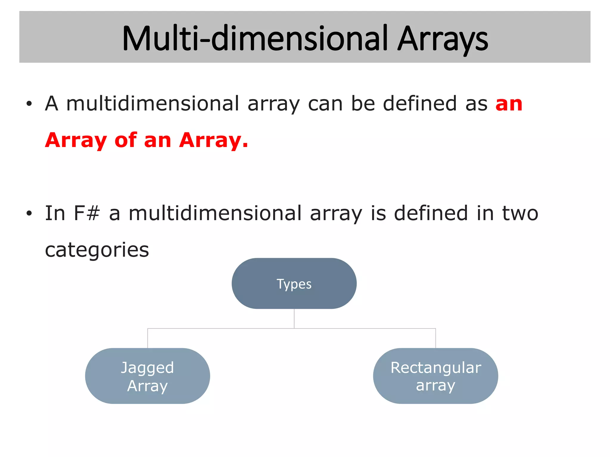 Multi-dimensional Arrays
• A multidimensional array can be defined as an
Array of an Array.
• In F# a multidimensional array is defined in two
categories
Types
Rectangular
array
Jagged
Array
 