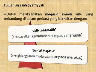 Tujuan siyasah Syar’iyyah

Untuk   melaksanakan maqasid syarak iaitu yang
terkandung di dalam perkara yang berkaitan dengan:
 
