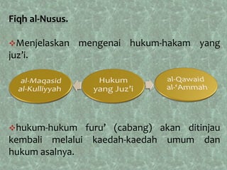 Fiqh al-Nusus.

Menjelaskan     mengenai hukum-hakam yang
juz’i.




hukum-hukum   furu’ (cabang) akan ditinjau
kembali melalui kaedah-kaedah umum dan
hukum asalnya.
 