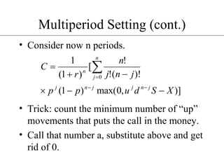 Multiperiod Setting (cont.) Consider now n periods. Trick: count the minimum number of “up” movements that puts the call in the money. Call that number a, substitute above and get rid of 0. 