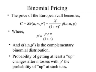 Binomial Pricing The price of the European call becomes, Where, And   (a,n,p’) is the complementary binomial distribution. Probability of getting at least a “up” changes after n tosses with p’ the probability of “up” at each toss. 