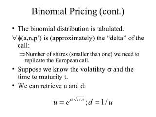 Binomial Pricing (cont.) The binomial distribution is tabulated.  (a,n,p’) is (approximately) the “delta” of the call: Number of shares (smaller than one) we need to replicate the European call. Suppose we know the volatility    and the time to maturity t. We can retrieve u and d: 
