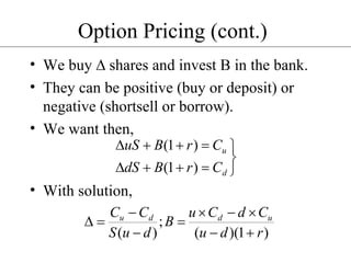 Option Pricing (cont.) We buy    shares and invest B in the bank. They can be positive (buy or deposit) or negative (shortsell or borrow). We want then, With solution, 