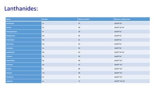 Name Symbol Atomic number Electron configuration
lanthanum La 57 (Xe)5d1 6s2
Cerium Ce 58 (Xe)4f1 5d1 6s2
Praseodymium Pr 59 (Xe)4f3 6s2
Neodymium Nd 60 (Xe)4f4 6s2
Promthium Pm 61 (Xe)4f5 6s2
Samarium Sm 62 (Xe)4f6 6s2
Europium Eu 63 (Xe)4f7 6s2
Gadolinium Gd 64 (Xe)4f7 5d1 6s2
Terbium Tb 65 (Xe)4f9 6s2
Dysprosium Dy 66 (Xe)4f10 6s2
Holmium Ho 67 (Xe)4f11 6s2
Erbium Er 68 (Xe)4f12 6s2
Thulium Tm 69 (Xe)4f13 6s2
Ytterbium Yb 70 (Xe)4f14 6s2
Lutetium Lu 71 (Xe)4f14 5d1 6s2
Lanthanides:
 