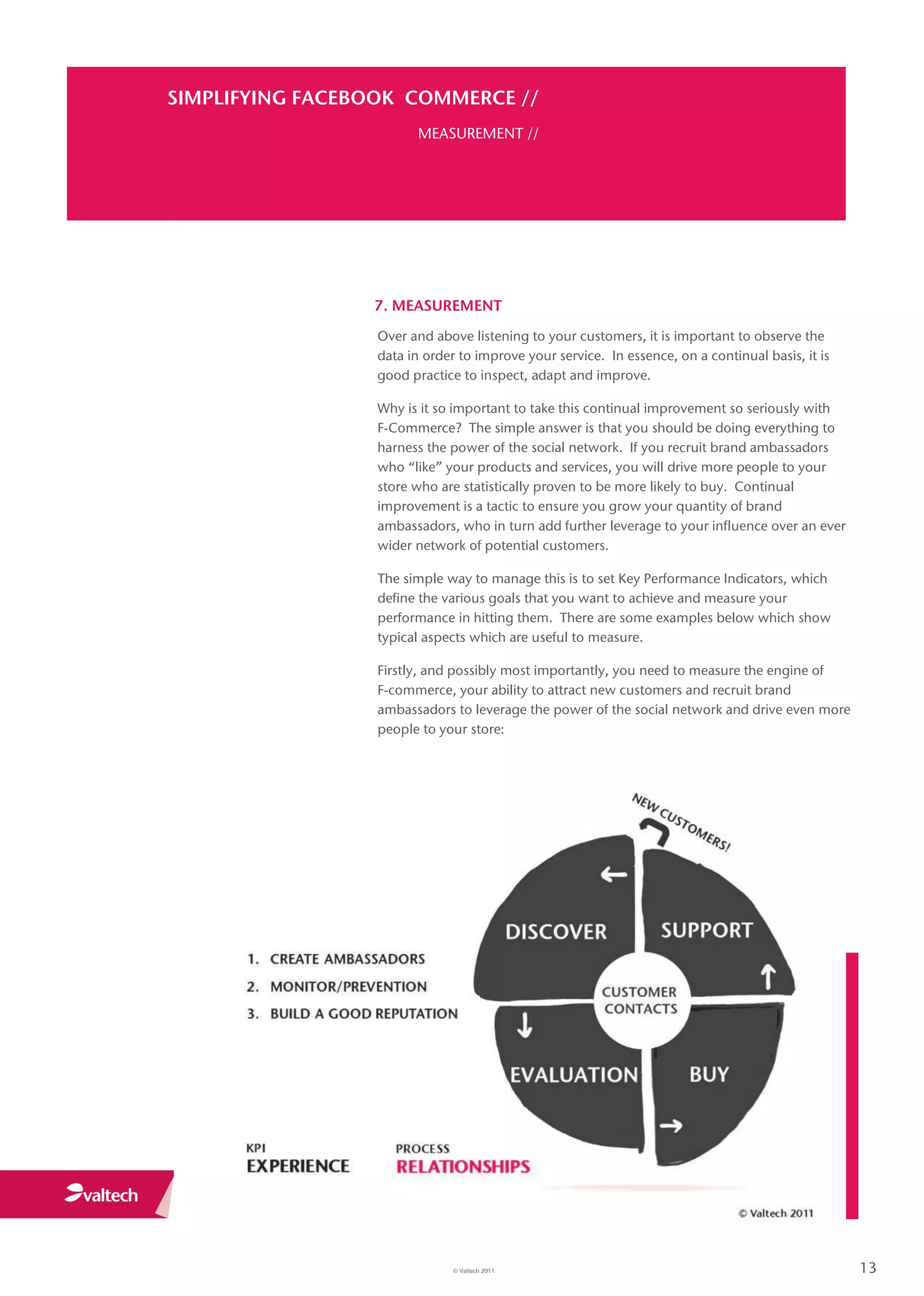 SIMPLIFYING FACEBOOK COMMERCE //
                        MEASUREMENT //




                 7. MEASUREMENT
                  Over and above listening to your customers, it is important to observe the
                  data in order to improve your service. In essence, on a continual basis, it is
                  good practice to inspect, adapt and improve.

                  Why is it so important to take this continual improvement so seriously with
                  F-Commerce? The simple answer is that you should be doing everything to
                  harness the power of the social network. If you recruit brand ambassadors
                  who “like” your products and services, you will drive more people to your
                  store who are statistically proven to be more likely to buy. Continual
                  improvement is a tactic to ensure you grow your quantity of brand
                  ambassadors, who in turn add further leverage to your influence over an ever
                  wider network of potential customers.

                  The simple way to manage this is to set Key Performance Indicators, which
                  define the various goals that you want to achieve and measure your
                  performance in hitting them. There are some examples below which show
                  typical aspects which are useful to measure.

                  Firstly, and possibly most importantly, you need to measure the engine of
                  F-commerce, your ability to attract new customers and recruit brand
                  ambassadors to leverage the power of the social network and drive even more
                  people to your store:




                               © Valtech 2011                                                      13
 