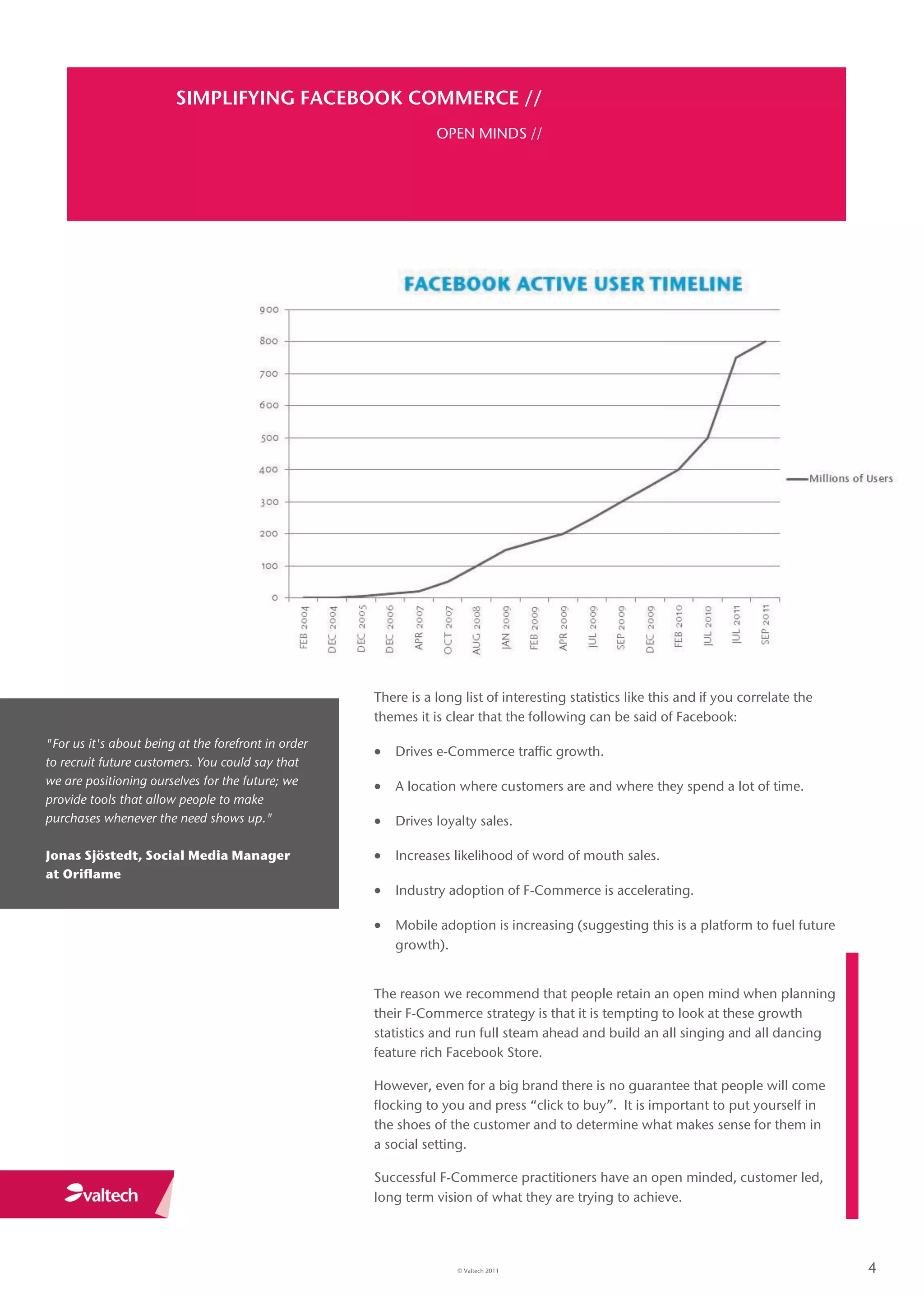 SIMPLIFYING FACEBOOK COMMERCE //
                                                                OPEN MINDS //




                                                     There is a long list of interesting statistics like this and if you correlate the
                                                     themes it is clear that the following can be said of Facebook:
"For us it's about being at the forefront in order
                                                      Drives e-Commerce traffic growth.
to recruit future customers. You could say that
we are positioning ourselves for the future; we       A location where customers are and where they spend a lot of time.
provide tools that allow people to make
purchases whenever the need shows up."                Drives loyalty sales.

Jonas Sjöstedt, Social Media Manager                  Increases likelihood of word of mouth sales.
at Oriflame
                                                      Industry adoption of F-Commerce is accelerating.

                                                      Mobile adoption is increasing (suggesting this is a platform to fuel future
                                                        growth).


                                                     The reason we recommend that people retain an open mind when planning
                                                     their F-Commerce strategy is that it is tempting to look at these growth
                                                     statistics and run full steam ahead and build an all singing and all dancing
                                                     feature rich Facebook Store.

                                                     However, even for a big brand there is no guarantee that people will come
                                                     flocking to you and press “click to buy”. It is important to put yourself in
                                                     the shoes of the customer and to determine what makes sense for them in
                                                     a social setting.

                                                     Successful F-Commerce practitioners have an open minded, customer led,
                                                     long term vision of what they are trying to achieve.




                                                                    © Valtech 2011                                                       4
 