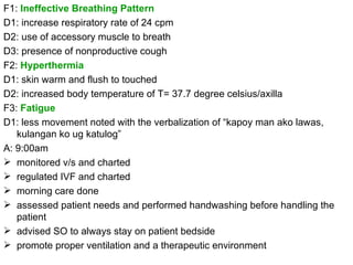 <ul><li>F1:  Ineffective Breathing Pattern </li></ul><ul><li>D1: increase respiratory rate of 24 cpm </li></ul><ul><li>D2:...
