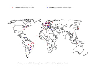 Investigação : 160 projectos em curso com 43 países Educação : 150 acordos activos em 52 países A FEUP é ainda membro do CESAER - Conference of European Schools for Advanced Engineering Education and Research uma associação internacional de 60 Universidades, Faculdades ou Escolas de Engenharia líderes na Europa. 