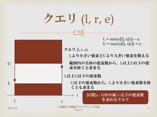 
クエリ (l, r, e)
2015/03
立命館大学競技プロブラミング合宿
Day3 F
5
l r
i
L = min(x[l], x[r]) – e;
U = max(x[l], x[r]) + e;
L
U
Lより小さい要素とUより大きい要素を数える
範囲内の全体の要素数から、L以上U以下の要
素を除くと求まる
U以下の要素数から、Lより小さい要素数を除
くとも求まる
L以上U以下の要素数
クエリ (l, r, e)
区間[a : b]中の値 v 以下の要素数
を求めるクエリ
 